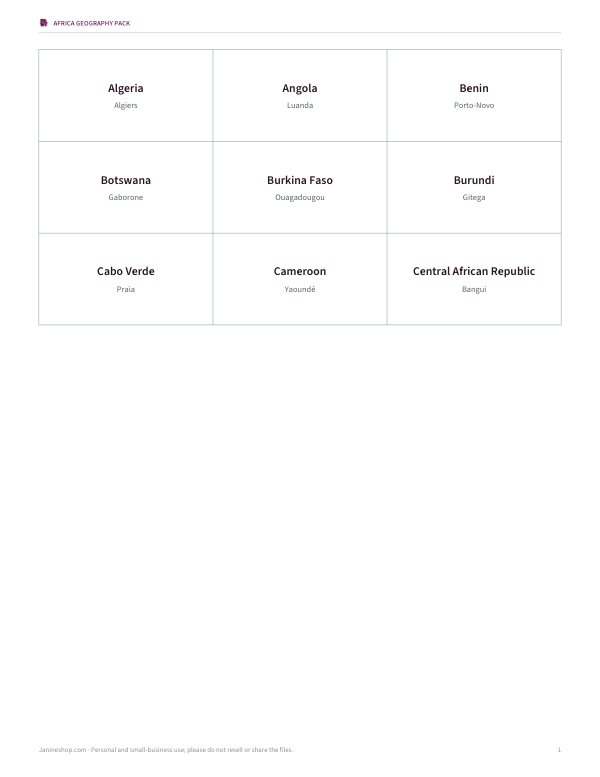 Preview of Printable African Nations Flashcards