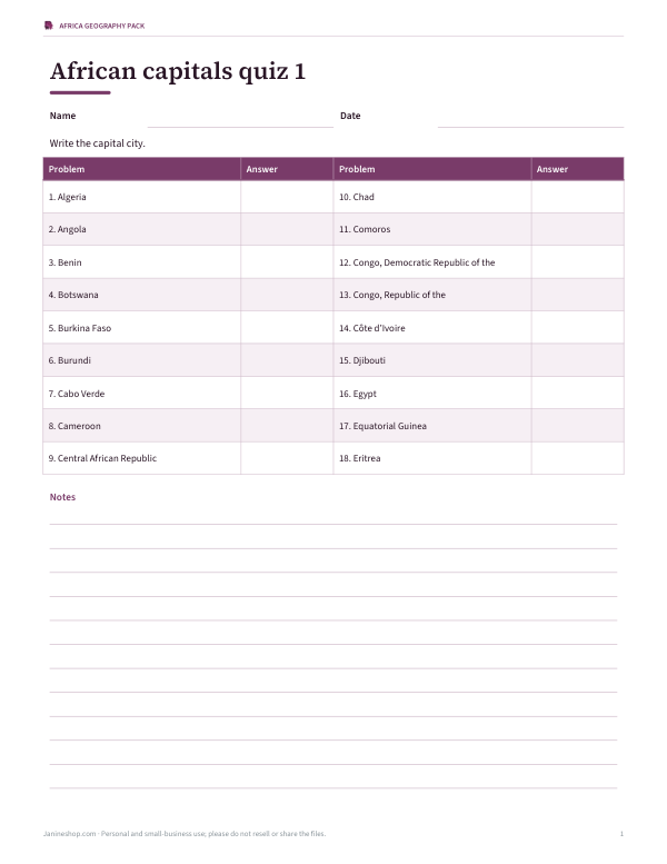 Preview of Printable African Capitals Quiz 1