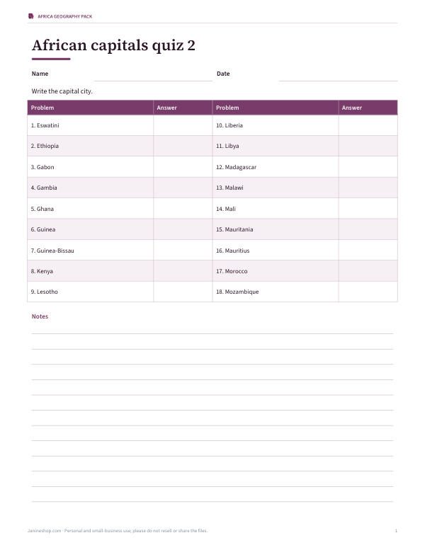 Preview of Printable African Capitals Quiz