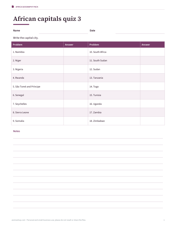 Preview of Printable African Capitals Quiz 3