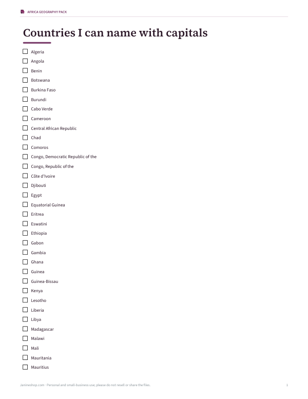 Preview of Printable Africa Countries Tracker